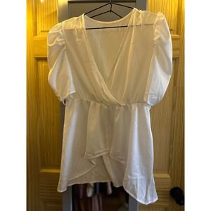 Fashion Womens White Puff Sleeve Surplice Dress Peplum  NWT